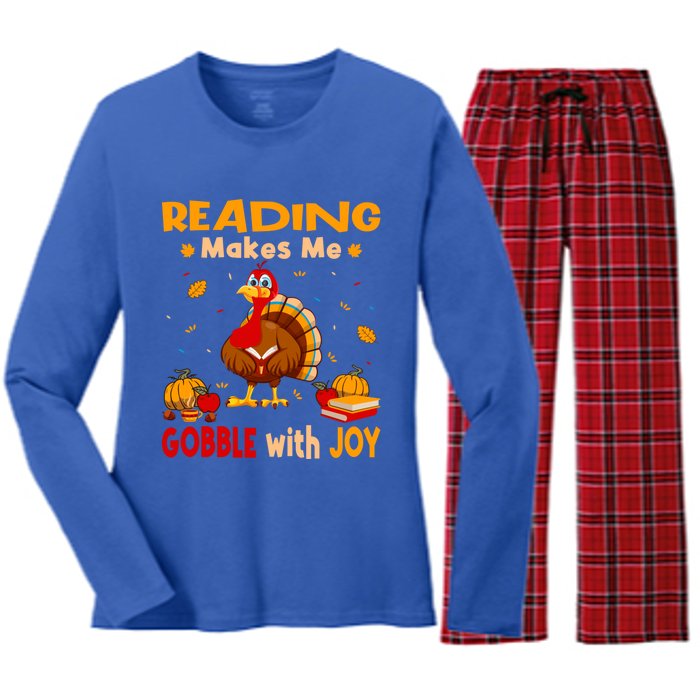 Reading Makes Me Gobble With Joy Turkey Reading Book Meaningful Gift Women's Long Sleeve Flannel Pajama Set 