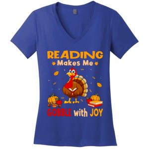 Reading Makes Me Gobble With Joy Turkey Reading Book Meaningful Gift Women's V-Neck T-Shirt