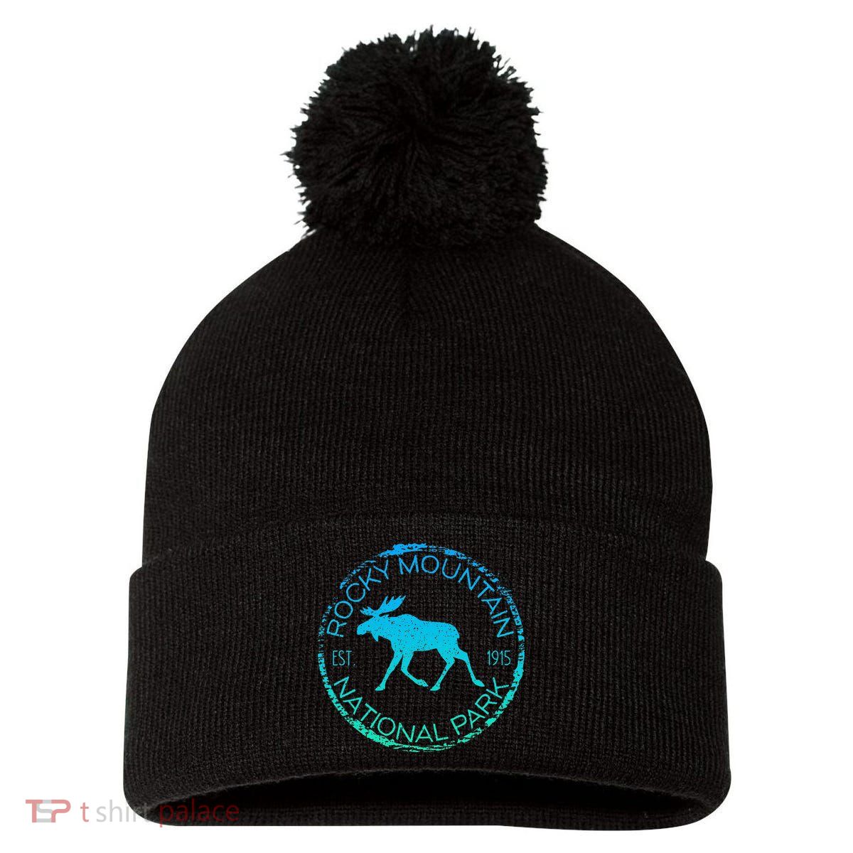 Rocky Mountain National Park Colorado Vintage Moose Graphic Pom Pom 12in Knit Beanie