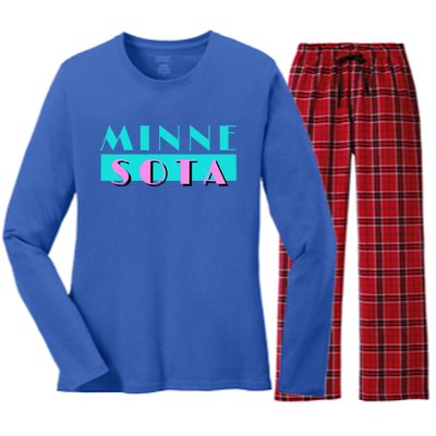 Retro Minnesota Neon Logo Minnesotan Mn State Pride Gift Women's Long Sleeve Flannel Pajama Set 