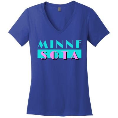 Retro Minnesota Neon Logo Minnesotan Mn State Pride Gift Women's V-Neck T-Shirt