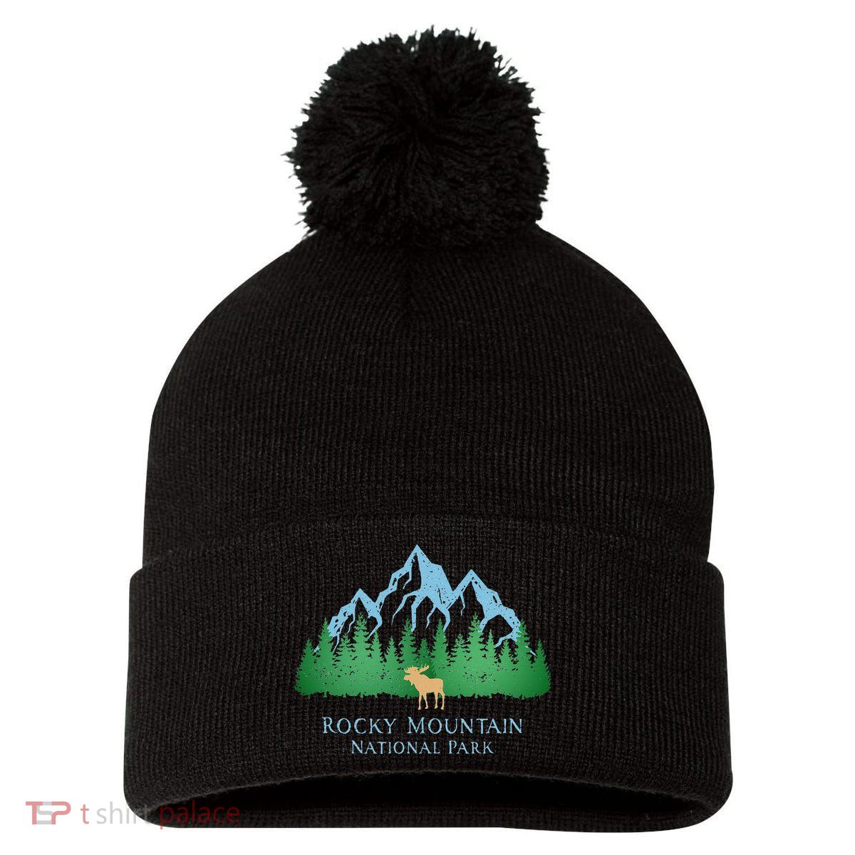 Rocky Mountain National Park Colorado Mountain Trees Moose Pom Pom 12in Knit Beanie