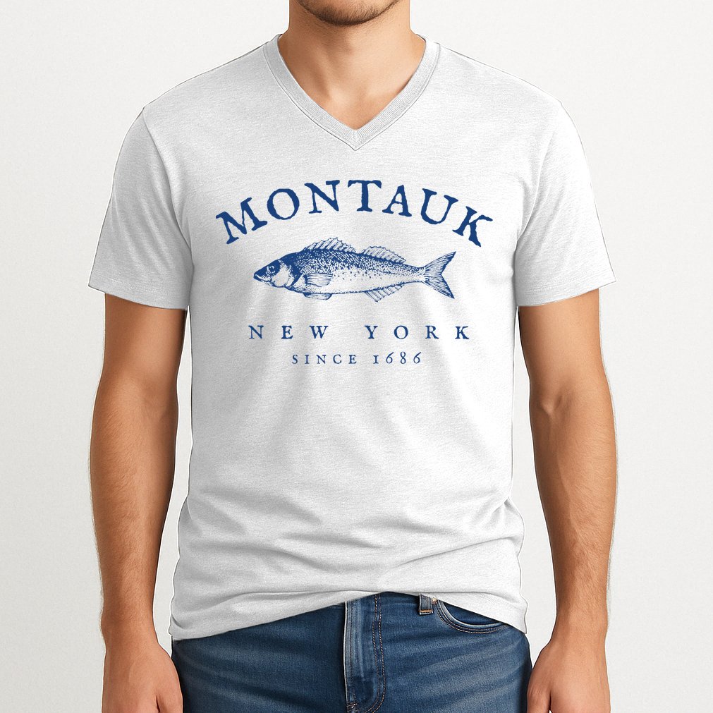 Retro Montauk New York Fishing V-Neck T-Shirt