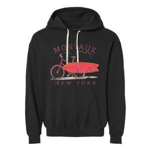 Retro Montauk New York Surfing Fan Surfboard Bicycle Art Garment-Dyed Fleece Hoodie