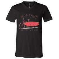 Retro Montauk New York Surfing Fan Surfboard Bicycle Art V-Neck T-Shirt