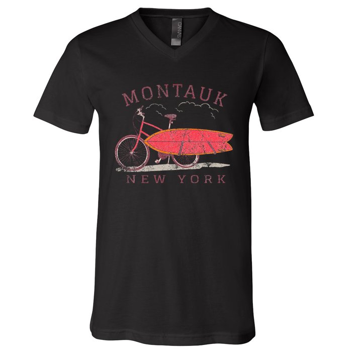 Retro Montauk New York Surfing Fan Surfboard Bicycle Art V-Neck T-Shirt