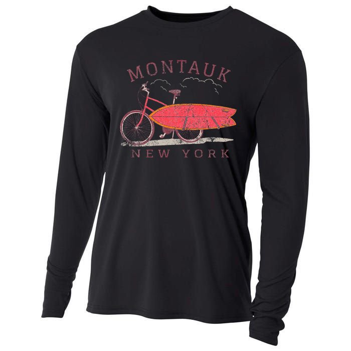 Retro Montauk New York Surfing Fan Surfboard Bicycle Art Cooling Performance Long Sleeve Crew