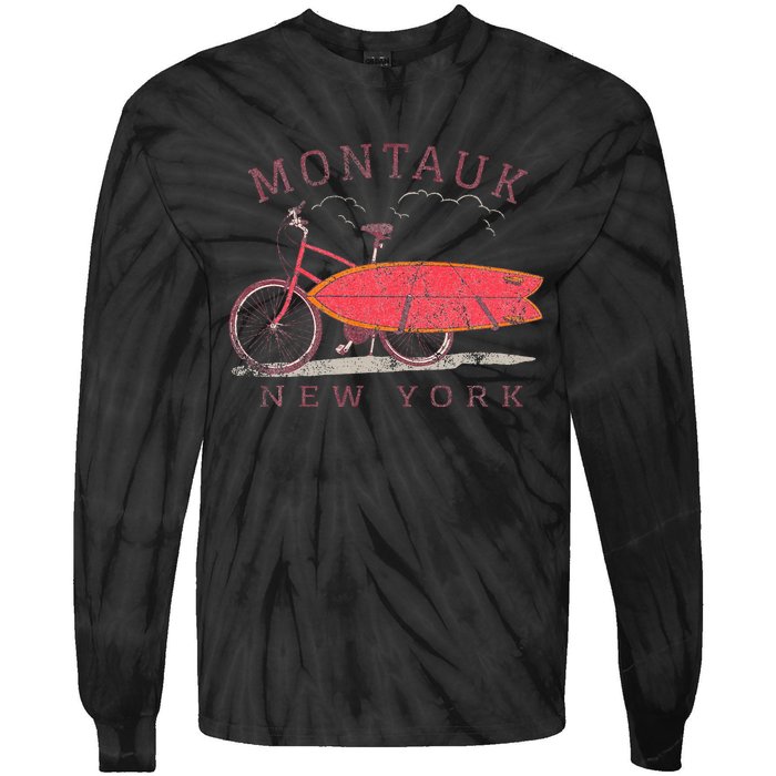 Retro Montauk New York Surfing Fan Surfboard Bicycle Art Tie-Dye Long Sleeve Shirt