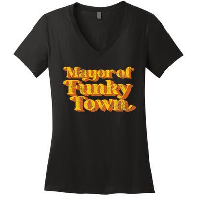 Retro Mayor Of Funky Town Funny Vintage 70S Disco Party Women's V-Neck T-Shirt