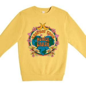 Respect Mother Planet Earth Day Groovy Hippie Mushroom Funny Great Gift Premium Crewneck Sweatshirt