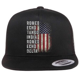 Retired Military Phonetic Alphabet Retirement Announcement Flat Bill Trucker Hat