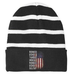 Retired Military Phonetic Alphabet Retirement Announcement Striped Beanie with Solid Band