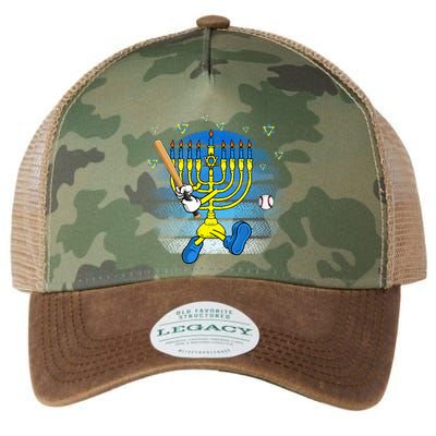 Retro Menorah Playing Baseball Happy Hanukkah Pjs Legacy Tie Dye Trucker Hat