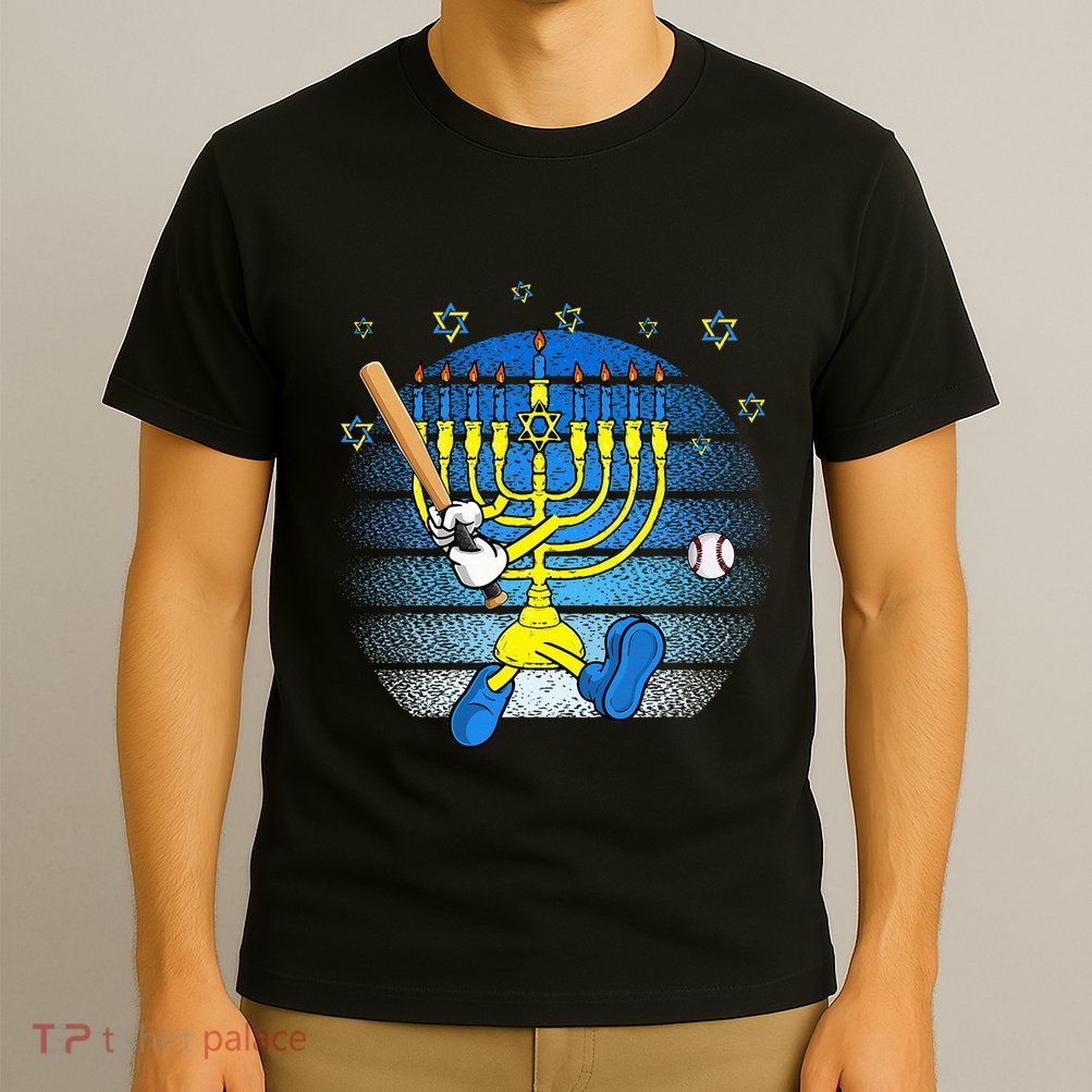 Retro Menorah Playing Baseball Happy Hanukkah Pjs T-Shirt