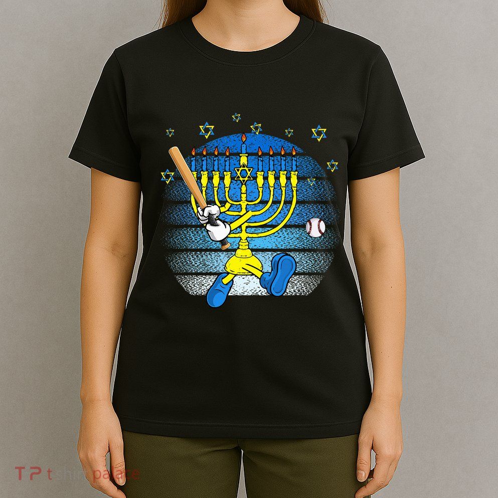 Retro Menorah Playing Baseball Happy Hanukkah Pjs T-Shirt