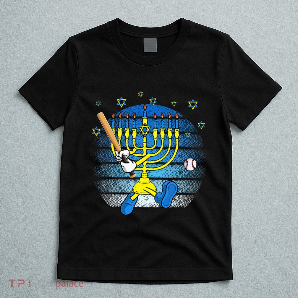 Retro Menorah Playing Baseball Happy Hanukkah Pjs T-Shirt