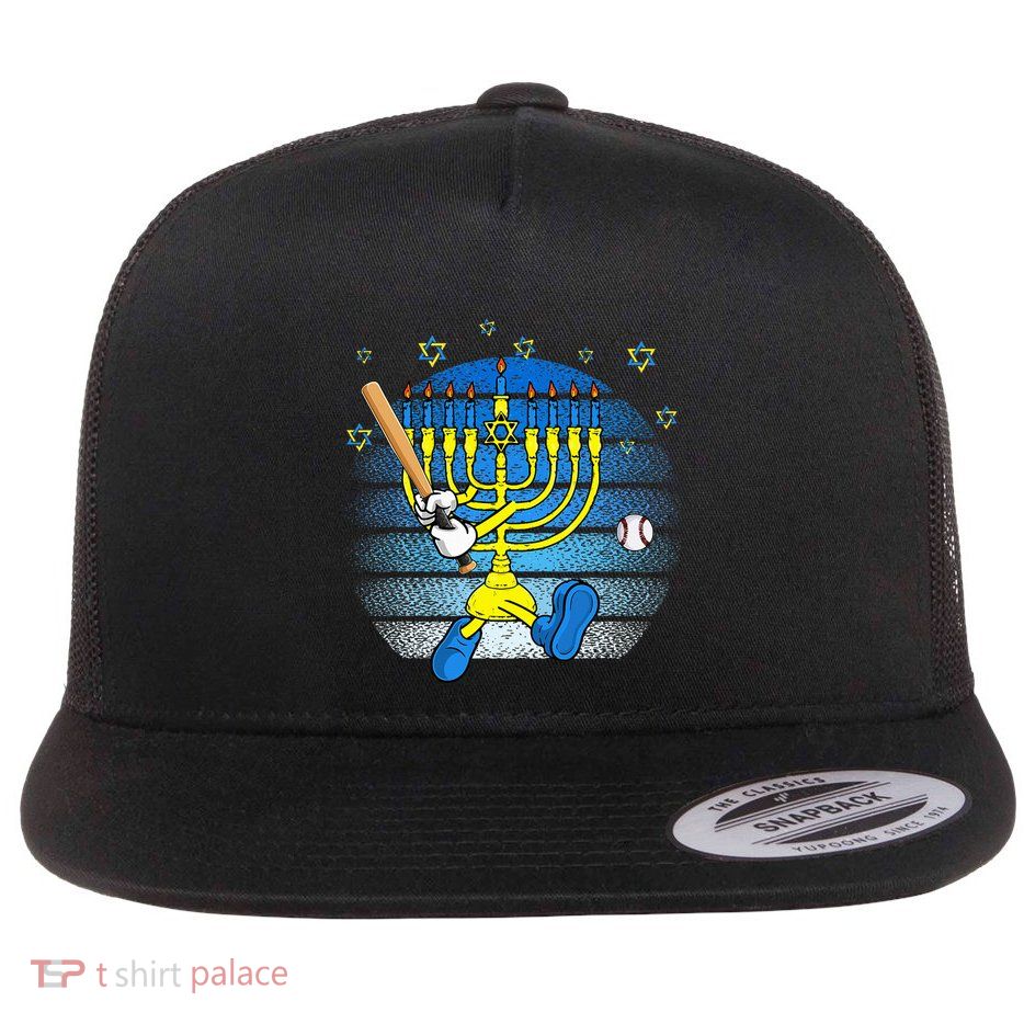 Retro Menorah Playing Baseball Happy Hanukkah Pjs Flatbill Hat
