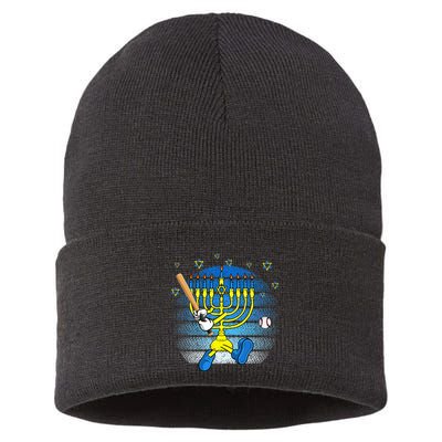 Retro Menorah Playing Baseball Happy Hanukkah Pjs Sustainable Knit Beanie