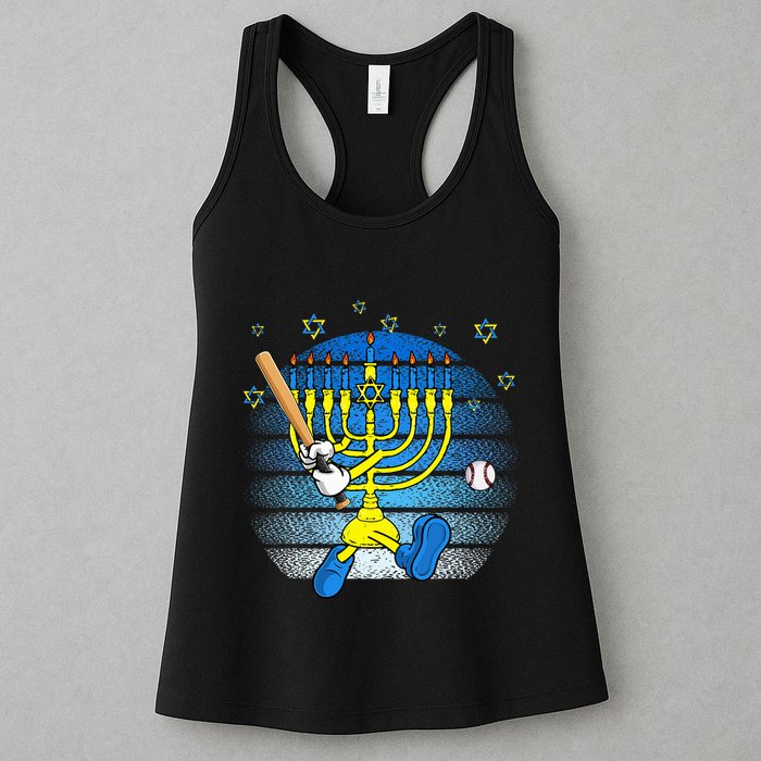 Retro Menorah Playing Baseball Happy Hanukkah Pjs Womens Tank Top