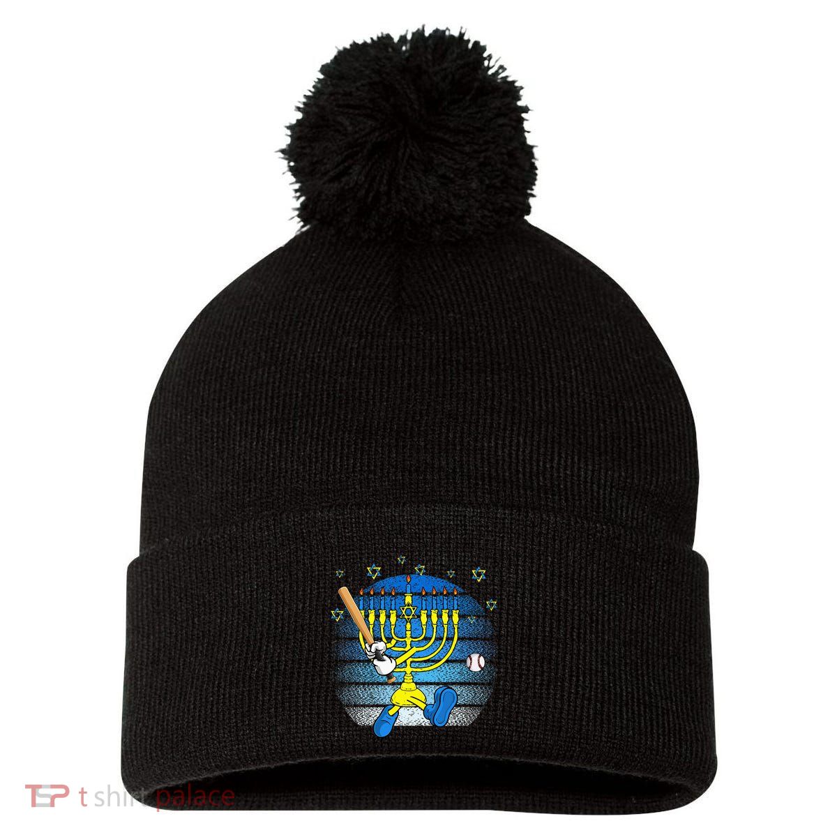 Retro Menorah Playing Baseball Happy Hanukkah Pjs Pom Pom 12in Knit Beanie