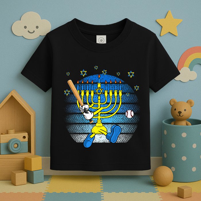 Retro Menorah Playing Baseball Happy Hanukkah Pjs Toddler T-Shirt