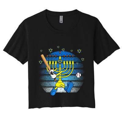 Retro Menorah Playing Baseball Happy Hanukkah Pjs Crop Top