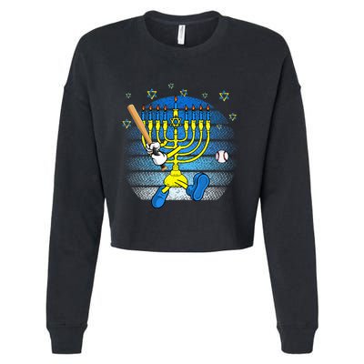 Retro Menorah Playing Baseball Happy Hanukkah Pjs Cropped Pullover Crew
