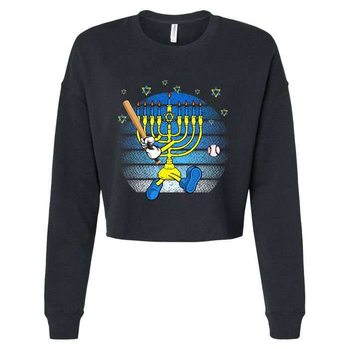 Retro Menorah Playing Baseball Happy Hanukkah Pjs Cropped Pullover Crew