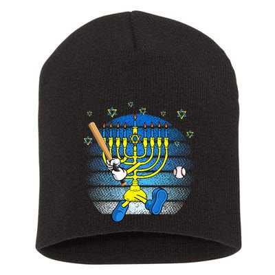 Retro Menorah Playing Baseball Happy Hanukkah Pjs Short Acrylic Beanie