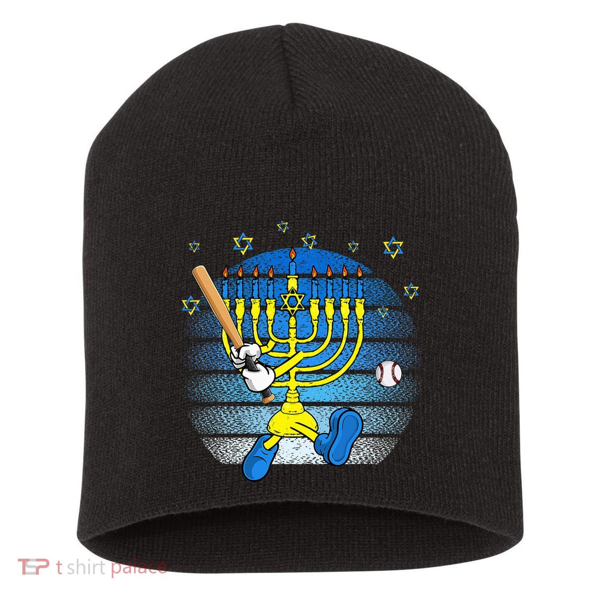 Retro Menorah Playing Baseball Happy Hanukkah Pjs Short Acrylic Beanie