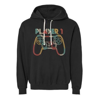 Retro Matching Player 1 Video Gamer Garment-Dyed Fleece Hoodie