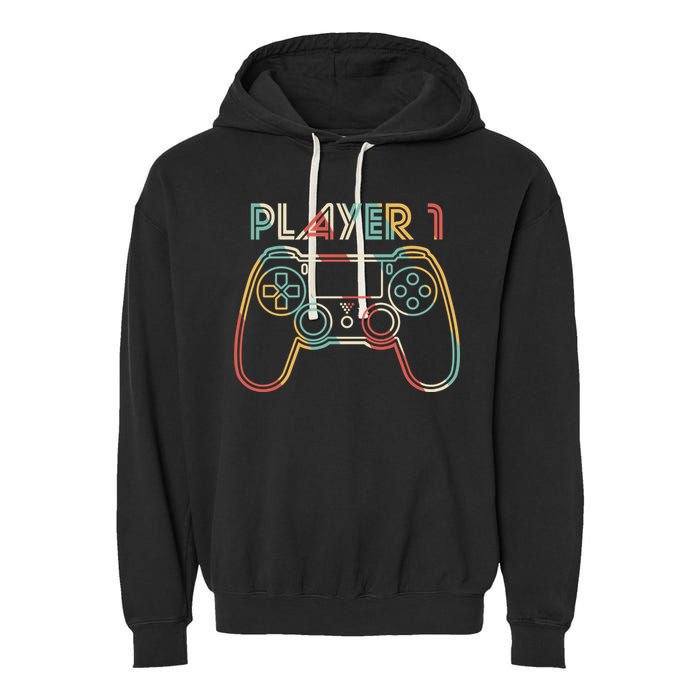 Retro Matching Player 1 Video Gamer Garment-Dyed Fleece Hoodie