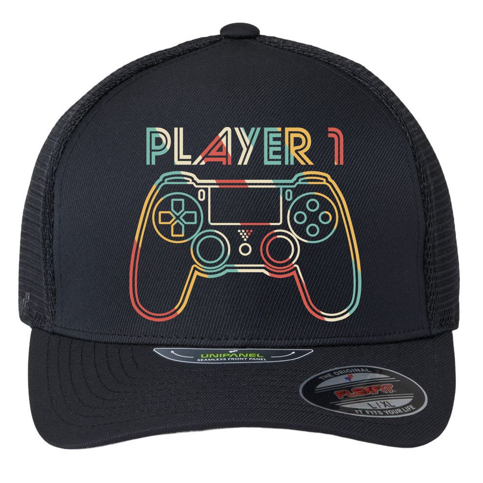 Retro Matching Player 1 Video Gamer Flexfit Unipanel Trucker Cap