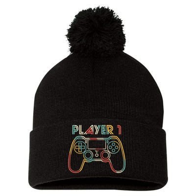 Retro Matching Player 1 Video Gamer Pom Pom 12in Knit Beanie