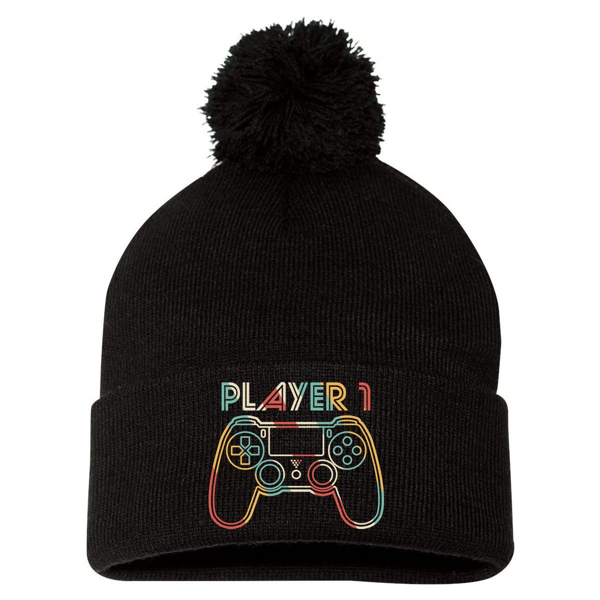 Retro Matching Player 1 Video Gamer Pom Pom 12in Knit Beanie