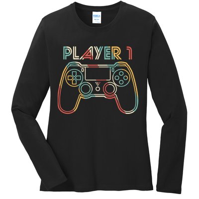 Retro Matching Player 1 Video Gamer Ladies Long Sleeve Shirt