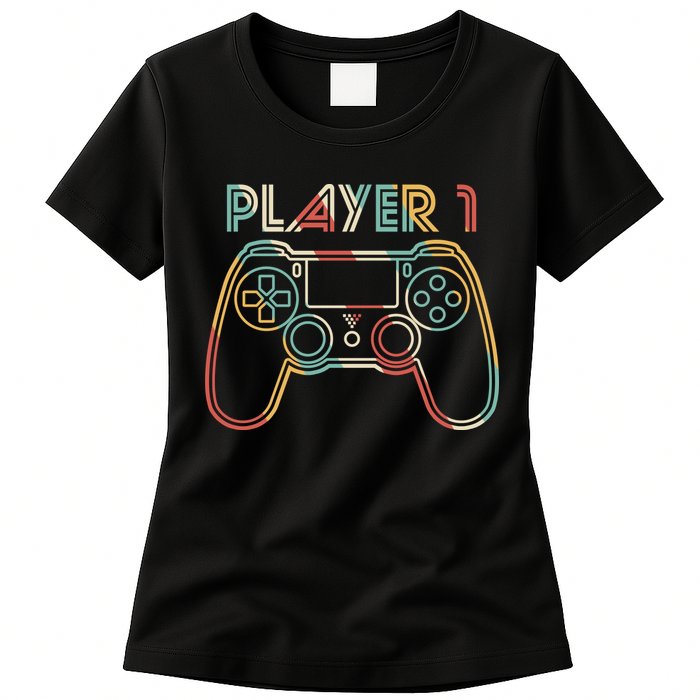 Retro Matching Player 1 Video Gamer Womens T-Shirt