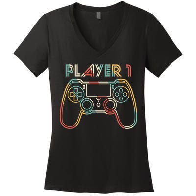 Retro Matching Player 1 Video Gamer Women's V-Neck T-Shirt