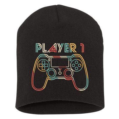 Retro Matching Player 1 Video Gamer Short Acrylic Beanie
