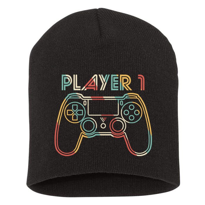 Retro Matching Player 1 Video Gamer Short Acrylic Beanie