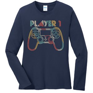 Retro Matching Player 1 Video Gamer Ladies Long Sleeve Shirt