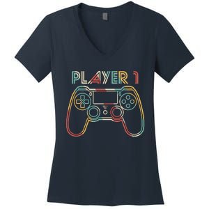 Retro Matching Player 1 Video Gamer Women's V-Neck T-Shirt