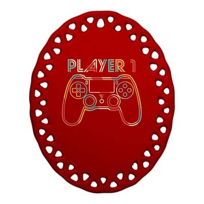 Retro Matching Player 1 Video Gamer Ceramic Oval Ornament