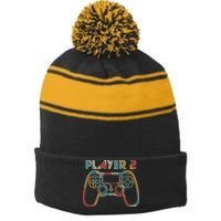 Retro Matching Player 2 Video Gamer Stripe Pom Pom Beanie