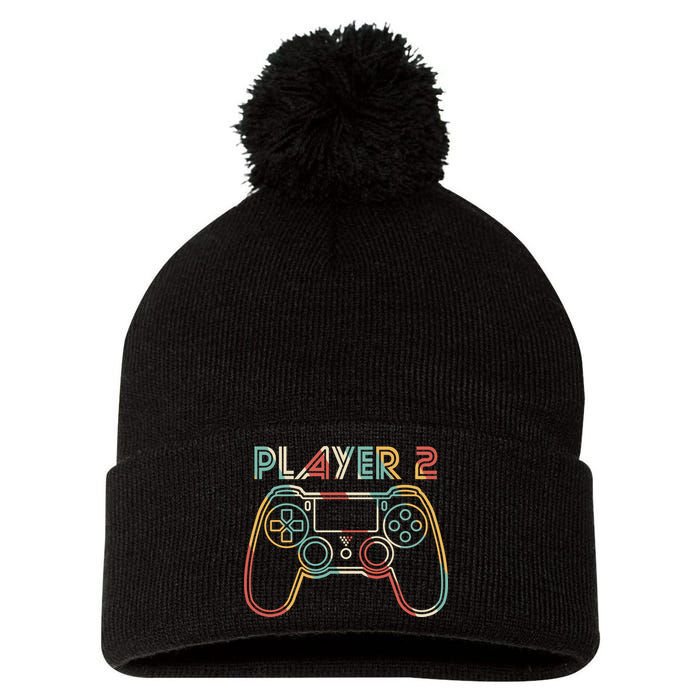 Retro Matching Player 2 Video Gamer Pom Pom 12in Knit Beanie
