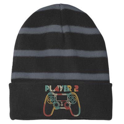 Retro Matching Player 2 Video Gamer Striped Beanie with Solid Band