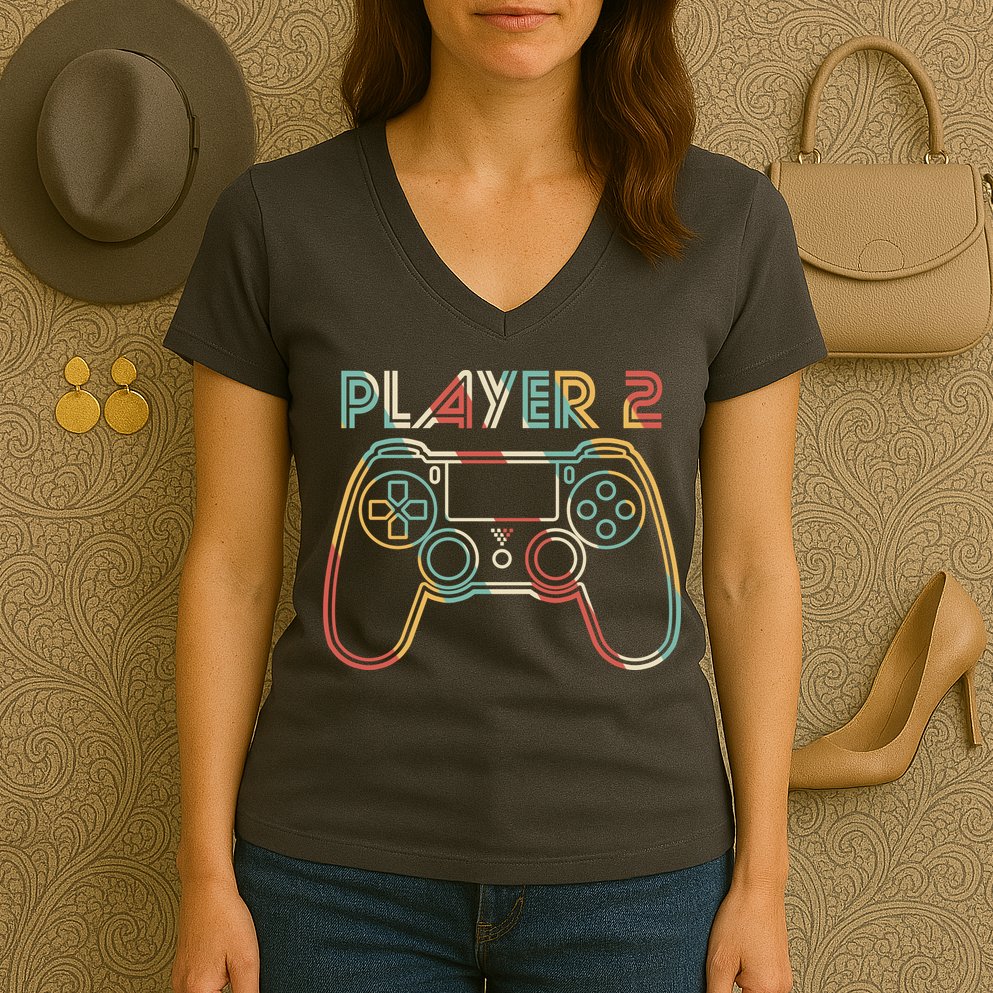 Retro Matching Player 2 Video Gamer Women's V-Neck T-Shirt
