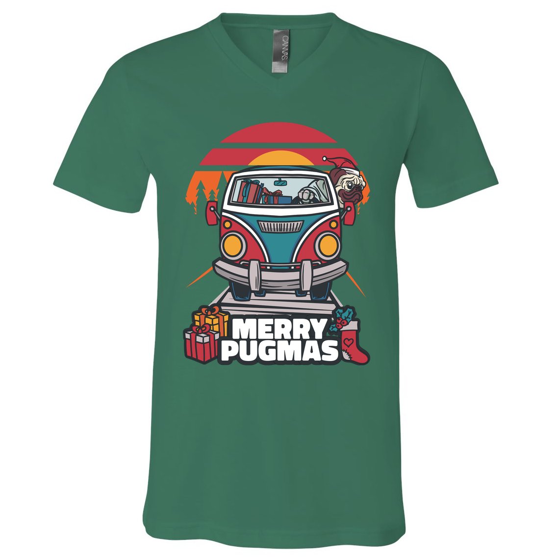 Retro Merry Pugmas V-Neck T-Shirt