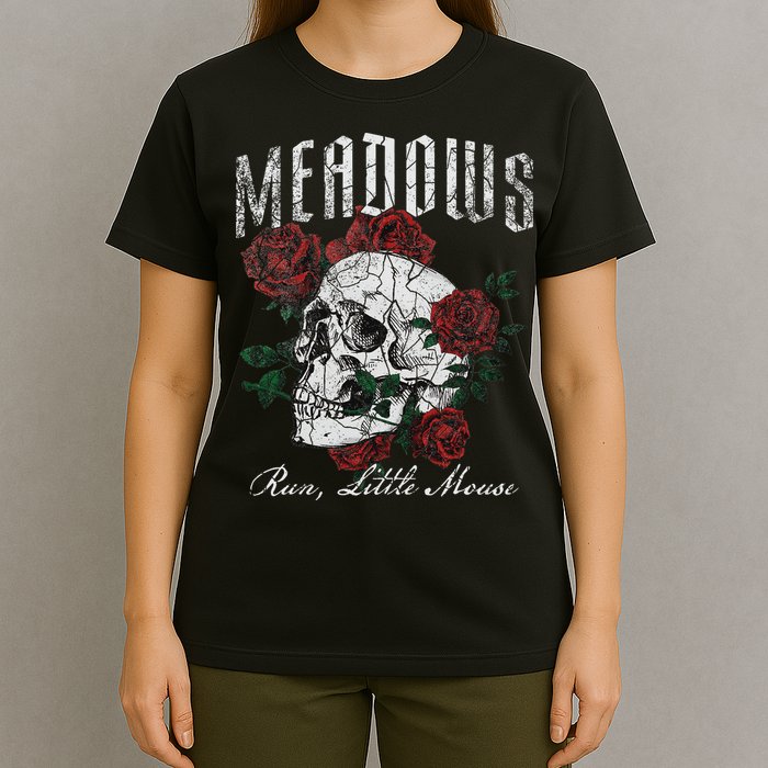 Retro Meadows Run Little Mouse Funny Skeleton Rose Bookish T-Shirt