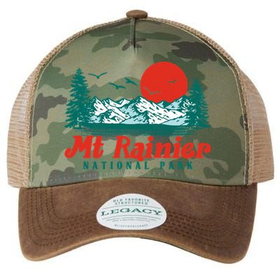 Retro Mount Rainier Mountain Trees And Sun Scene Graphic Gift Legacy Tie Dye Trucker Hat